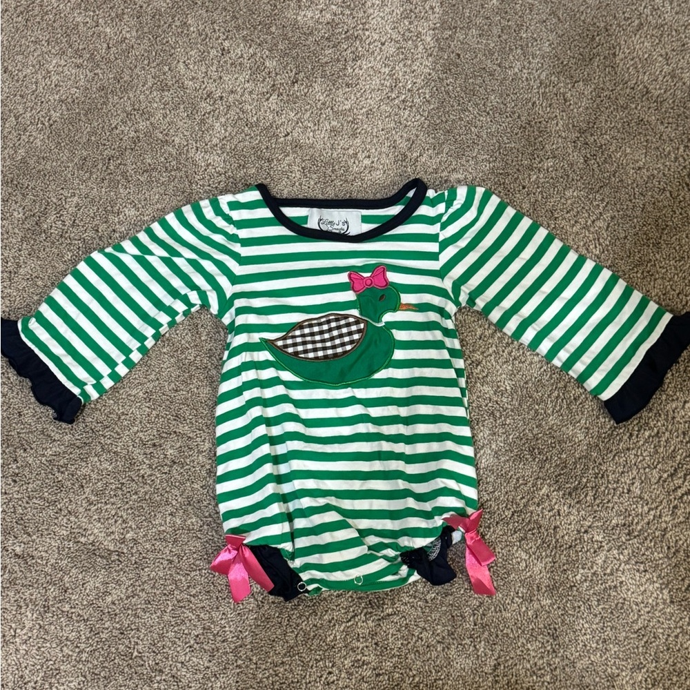 Green Striped Baby Romper with Duck Design
